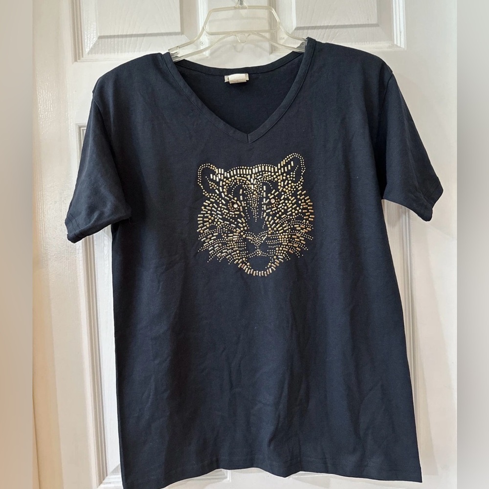 Cactus California Women's M Short Sleeve Top Black Tiger Studded Western Boho